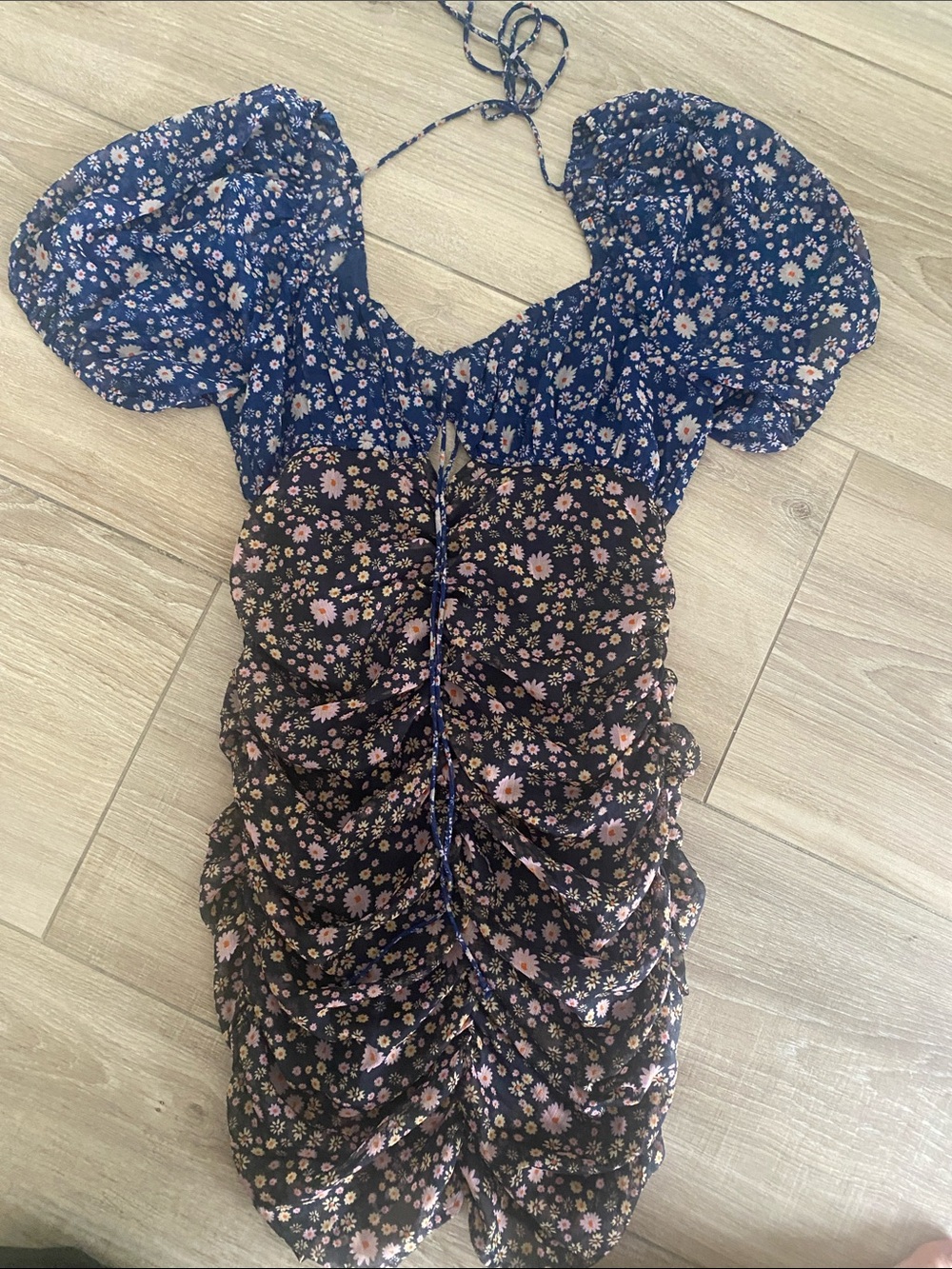 Free People Navy Floral Mini Dress with Pink and Cream Blooms